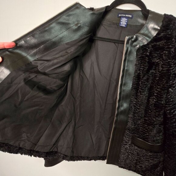 Boston Proper 4 Leather Trim Faux Fur Jacket Black Quiet Luxury Chic Edgy - Picture 11 of 12